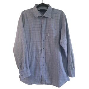Faconnable Club Dress Shirt 17.5 L Blue Brown Check 100% Cotton Button Dow